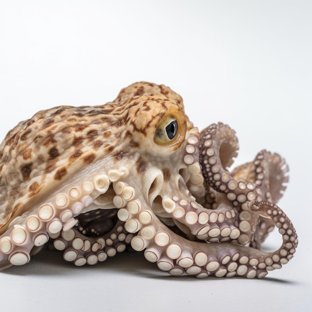 A brown octopus with a yellow eye is sitting on a white surface.