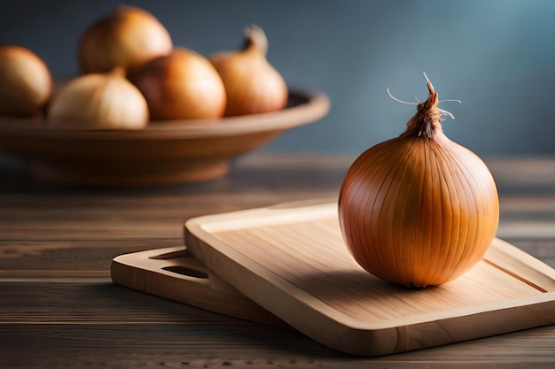 A brown onion on a cutting board next to a bowl of onions.