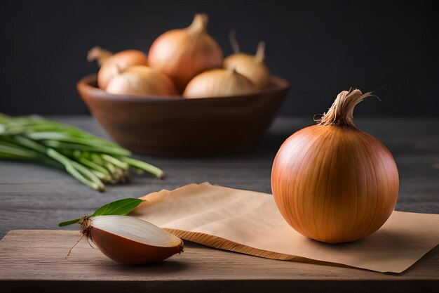 A brown onion sits on a wooden table next to a bowl of green onions.