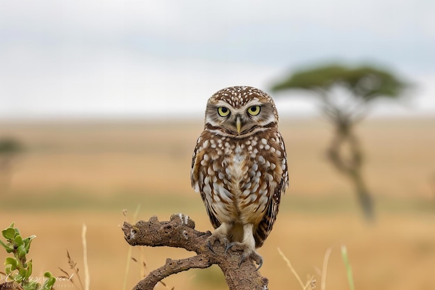 Photo a brown owl is sitting on a branch in a field