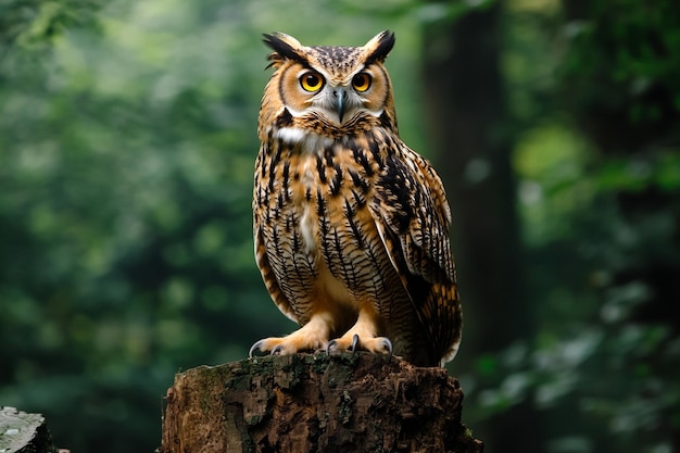 Photo a brown owl is sitting on a tree stump