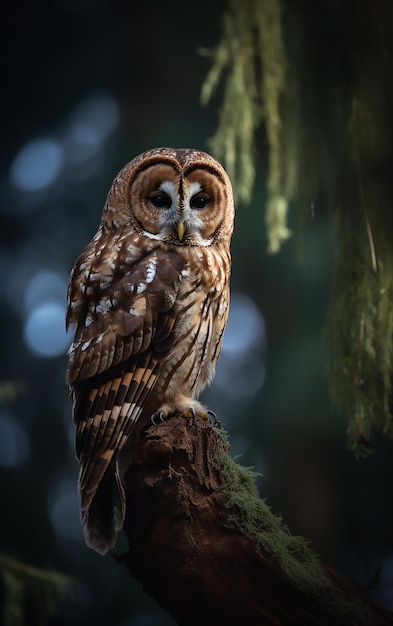 A brown owl sits on a branch in the forest.