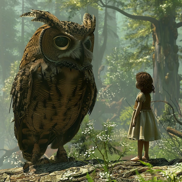 a brown owl with a girl standing on a log in the woods