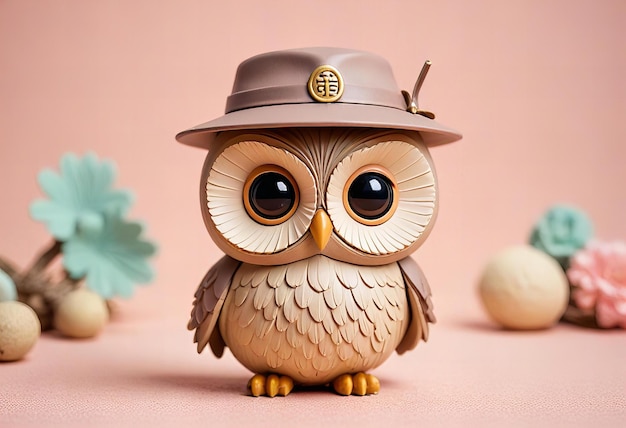 Photo a brown owl with a hat and a gold button on it