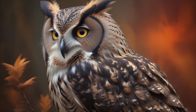 a brown owl with yellow eyes and a black beak