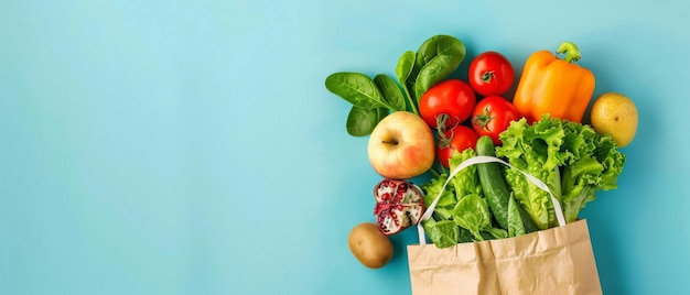 Photo a brown paper bag bursting with fresh vegetables and fruits against a turquoise background emphasizing a wholesome and varied diet