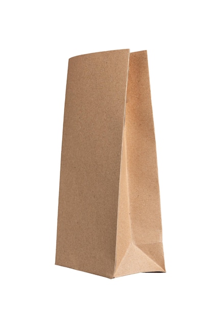 Brown paper bag small craft pouch package Beige sack mockup angle view isolated on white