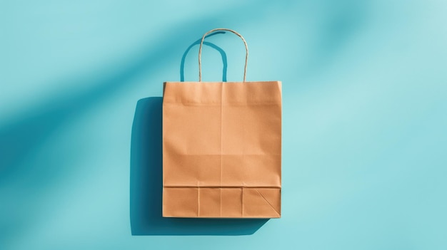 Brown paper bag standing on blue background and copyspace coffee or shopping branding concept