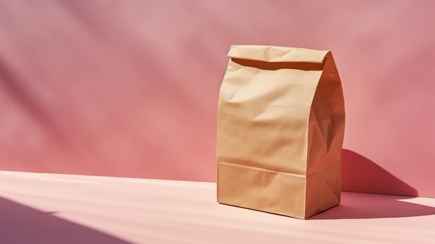 Brown paper bag standing on pastel pink background and copyspace coffee or shopping branding concept