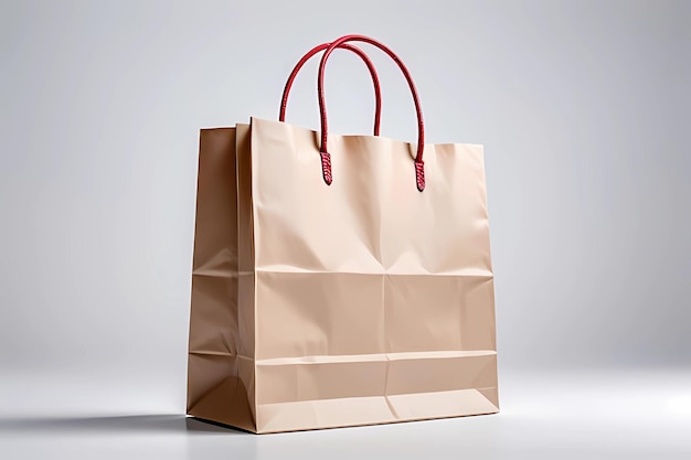 Photo a brown paper bag with red handles on a gray background