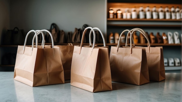 Brown paper bags lined up on store counter