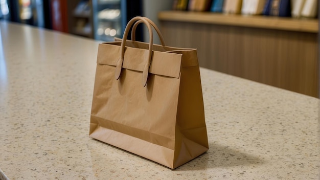 Brown paper bags lined up on store counter