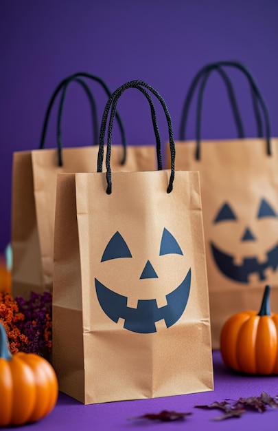 Photo brown paper shopping bags with jackolantern faces placed on a purple background