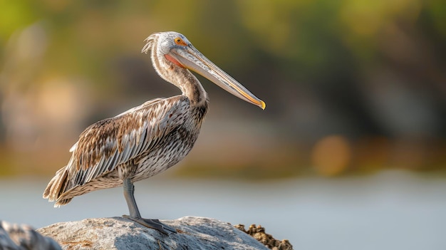 Photo brown pelican standing on a rock by the water