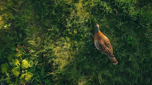 A brown pheasant walks through the tall green grass