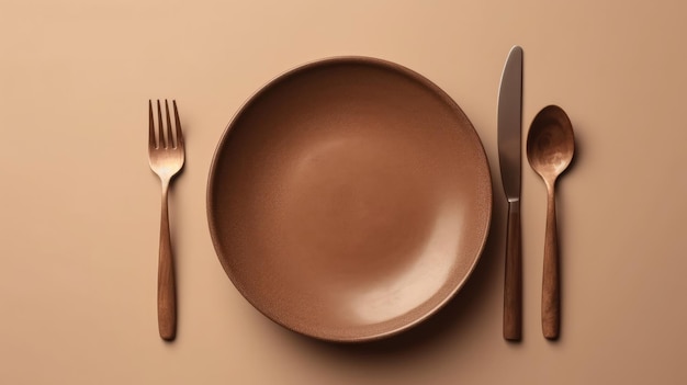 A brown plate with a spoon and a fork on beige background Flat lay Top view with Generative AI