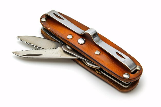 a brown pocket knife with a brown leather case