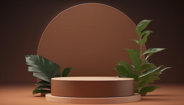 A brown podium with a large circle in the middle and a plant in the background.