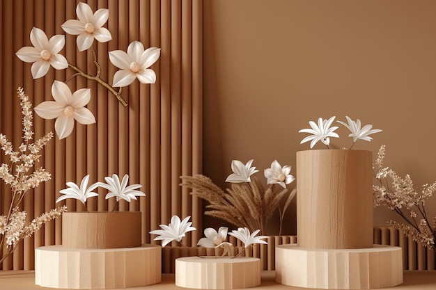 Brown podiums and flowers on brown backdrop viewed from the front