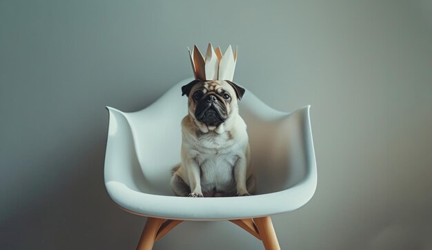 Photo brown pug sitting on an armchair wearing a paper crown white background studio photo