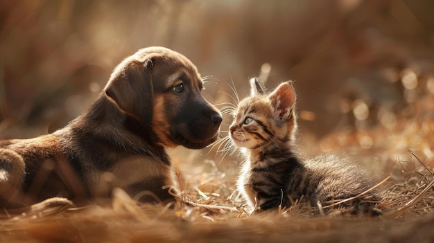 A brown puppy and a tabby kitten look at each other in a field of dry grass and leaves Generative AI