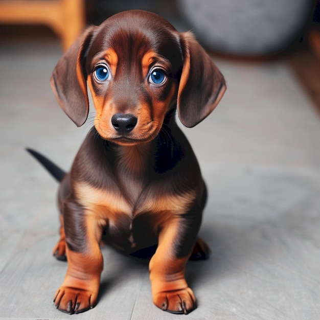 Photo a brown puppy with blue eyes sits on a tile floor