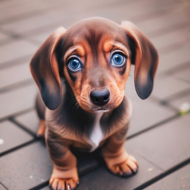 a brown puppy with blue eyes and a white patch on its face