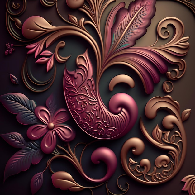 A brown and purple background with a floral design and a flower.