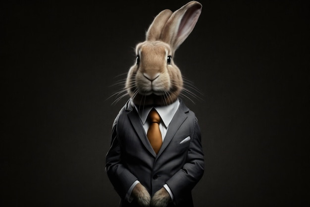 Brown rabbit bunny businessman in a formal suit on a dark background Generative AI