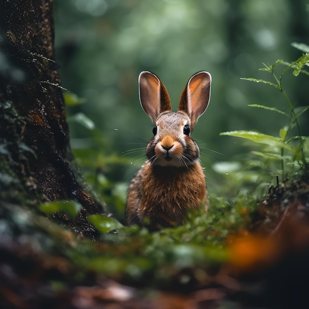 A brown rabbit in a forest with a green background and the word rabbit on the front.