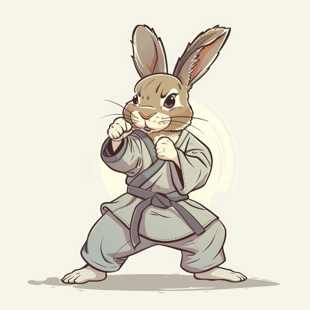 Photo a brown rabbit wearing a karate uniform with a black belt in a fighting stance