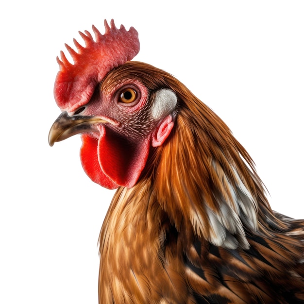 A brown and red chicken with a red beak and a red beak.