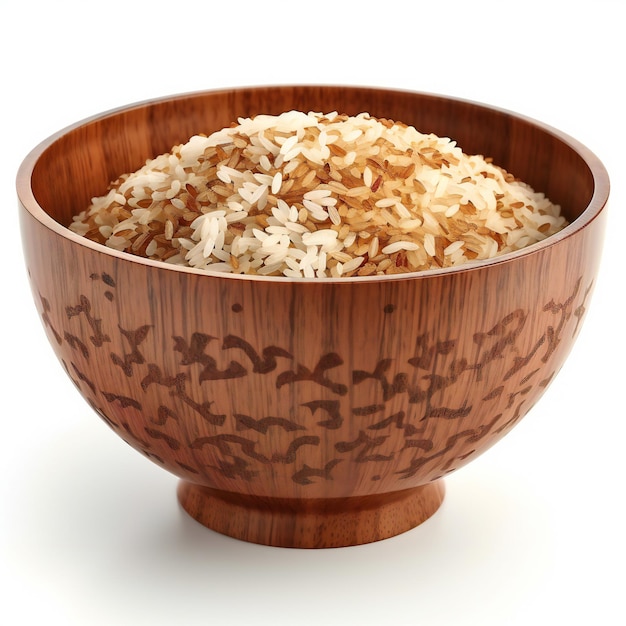 Brown rice in wooden bowl isolated on white background Close up