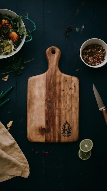 Brown scratched wooden cutting board flat lay