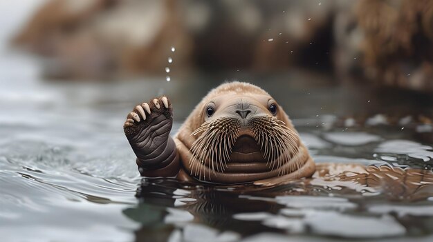 a brown seal with black eyes and a black nose swims in a body of water with a wet foot visible in the foreground