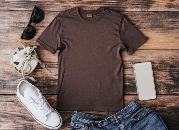 Photo a brown shirt with a black shirt on the front and a pair of blue jeans on the left