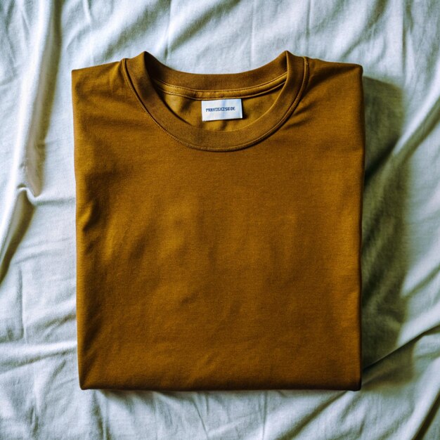 Photo a brown shirt with a tag on it is laying on a white sheet