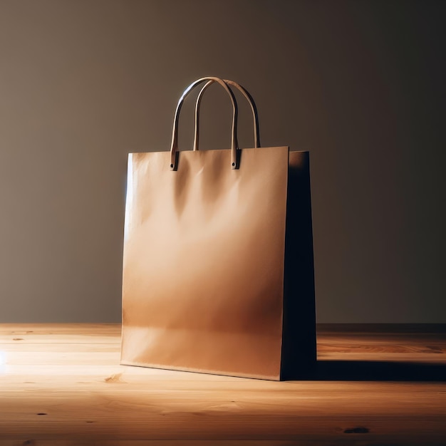 brown shopping bag on wooden table minimalist