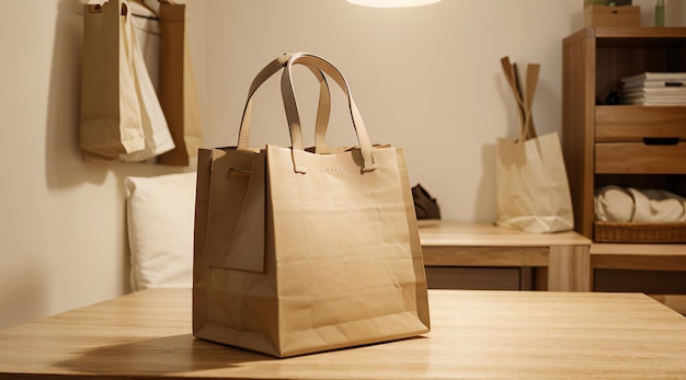 brown shopping bag on wooden table