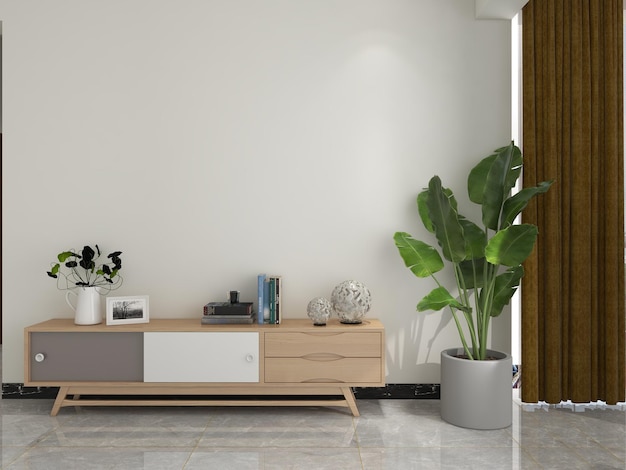 Brown sofa and a wooden table in living room interior with plant,concrete wall.