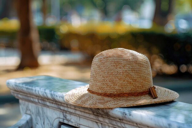 Brown straw hat on marble chair or bench in the park