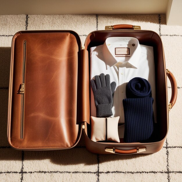 a brown suitcase with gloves inside and a pair of gloves in it