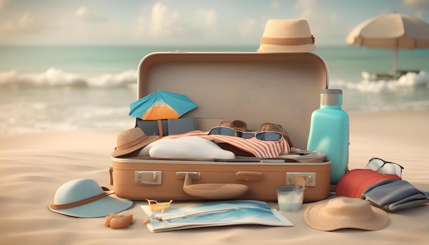 a brown suitcase with a hat on it and a bottle of perfume in the background