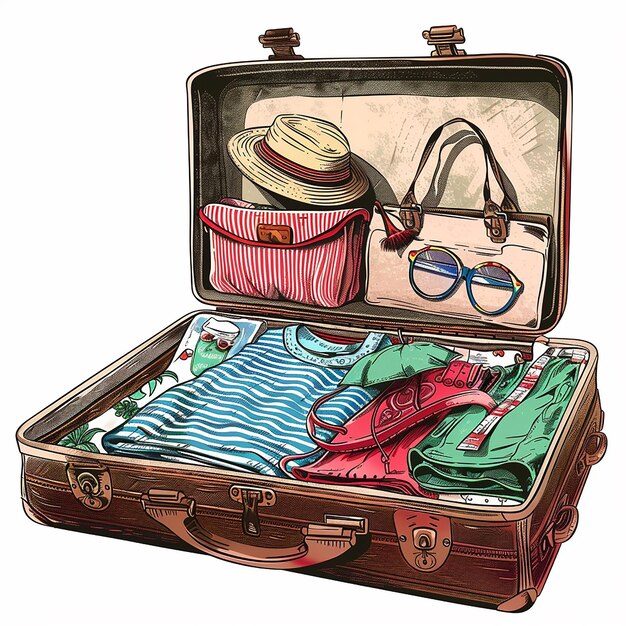 Photo a brown suitcase with a hat and sunglasses on it