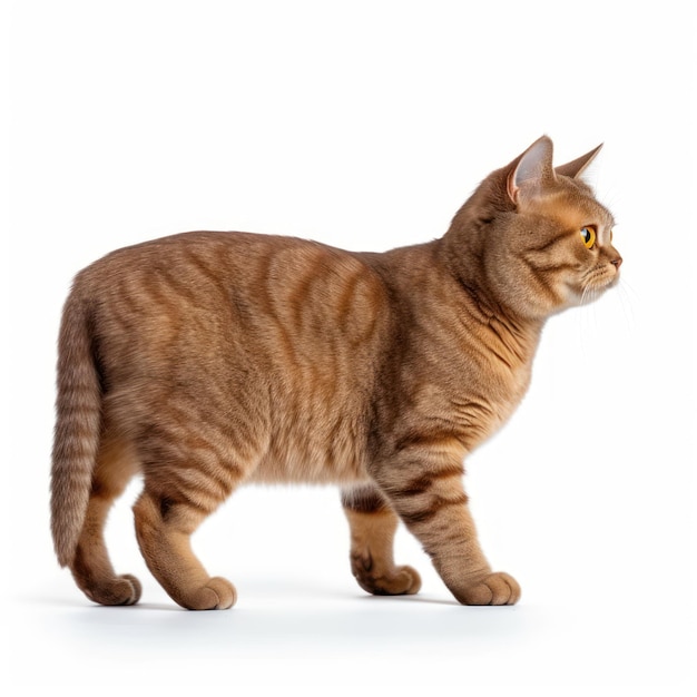 A brown tabby cat stands in front of a white background