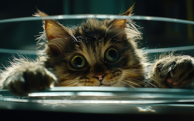 Brown tabby kitten curiously peeking over a transparent bowl in a cozy indoor setting during evening hours