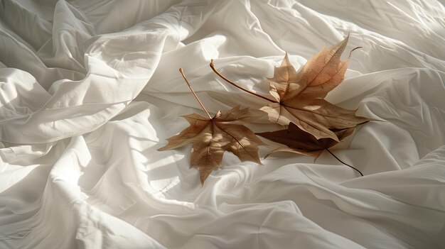 Brown and tan autumn leaves scattered on a white fabric background