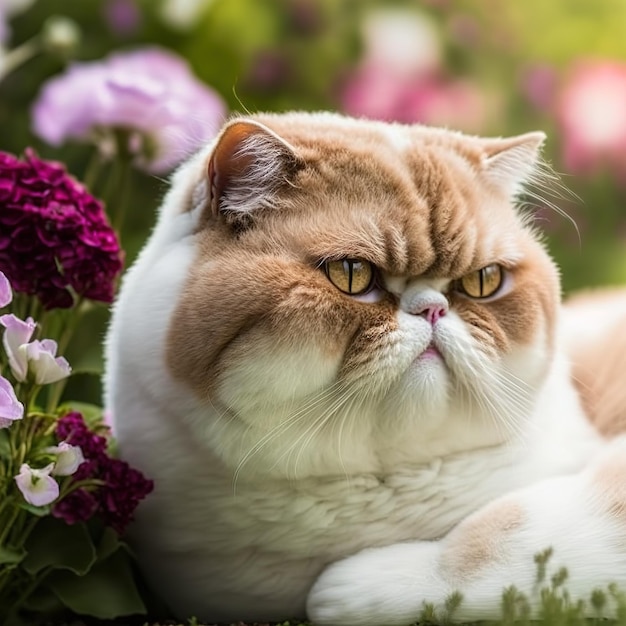 A brown and tan cat sits in the grass surrounded by flowers.