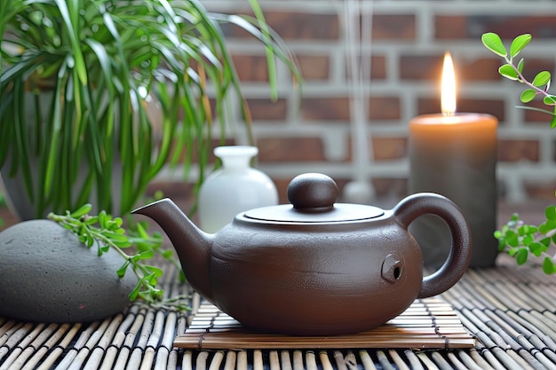 Brown Teapot on Bamboo Mat with Plants and Candle