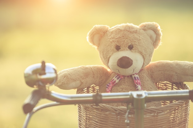 Brown teddy bear in rattan basket on red vintage bike